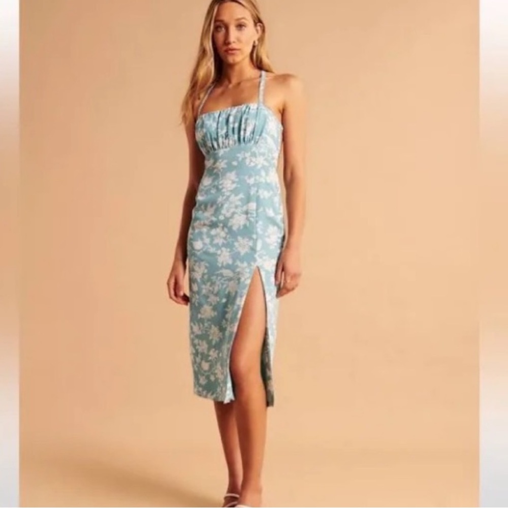 Abercrombie Blue Floral Ruched Wedding Guest Dress